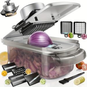 7f51406b-3b3b-4c66-9fda-2de1078049c8.jpg 9-in-1 Stainless Steel Mandoline Slicer with Container - 304 Stainless Steel Vegetable Chopper & Cutter, Manual Hand-Powered Kitchen Tool for Salad, Potato, Carrot, Onion, Fruit - Home Essentials, Vegetable Slicer And Chopper, Fresh Greens, Transparent Container, Durable Kitchenware