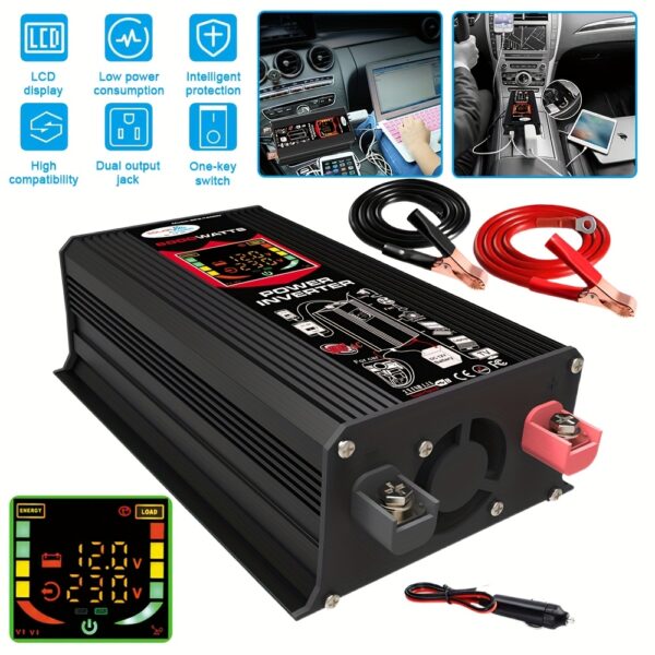6000W Peak Inverter DC12V to 110V AC Voltage Converter with 4 AC Sockets, Dual USB Ports, LCD Display, Overload Protection, Compact Design for Camping, RV, Outdoor Use, Portable Inverter, Camping Essentials, Modern Electronics, Durable Electronics, Without Battery