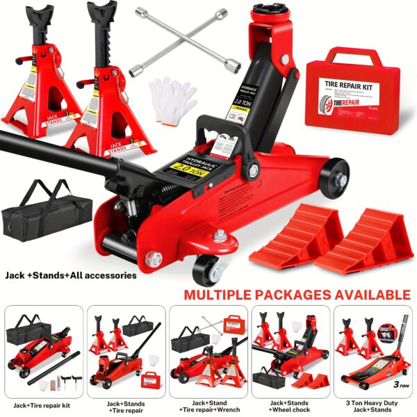 2/2.5/3 Ton Capacity, Jack Kit Low Profile Hydraulic Trolley Service/Floor Jack Combo, Multiple meal plans to choose from 3 Ton Jack Stands 2PCS, Tire Repair Kit, 14-inch Wheel Cross Wrench, Wheel Chock, Jack Accessories Red/Blue