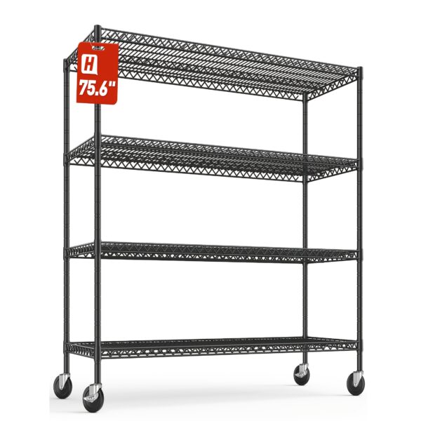 Heavy Duty Industrial Shelving Unit - 2500/2000/1800/3200LB Capacity, 4-Tier Commercial Garage, Wide, Adjustable Leveling Feet, Lockable Wheels - Rust-Proof Steel Shelves for Warehouse, Kitchen, Garage, Office - Extra Post Caps Included, Kitchen Organization, Open Shelf Design, Reinforced Structure, Multitier Rack, Retail Businesses, Standing Shelf