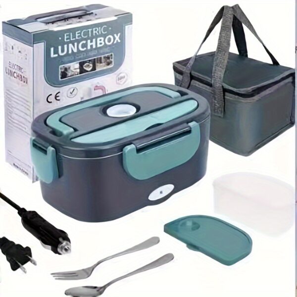 Portable Electric Lunch Box with 50.72oz Stainless Steel Container - Fast Heating, 60W, 110V-130V, Includes Fork & Spoon, Divider Box, Compact Design for Car, Truck, Home Use - Green & Black, Travelfriendly Mealware | Durable Plastic Lid