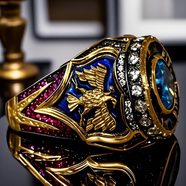 Vintage Style Warrior Ring, Double-Headed Eagle Design, Dark Blue Enamel Elements, Synthetic Synthetic Gems Faux Synthetic Gems Ring, Men'S Vintage, Garnet Faux Synthetic Gems