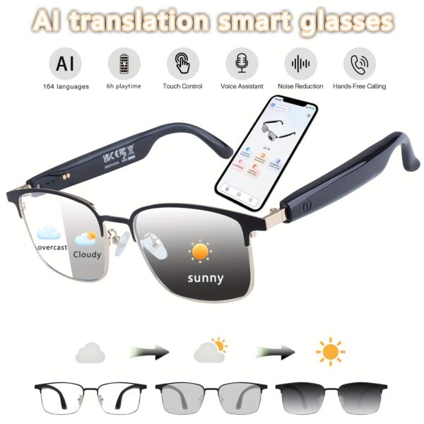 AI Smart Glasses, Smart Glasses with 160 Languages Real Time Translation Support, Chat GPT System, Hvesbsfsy New Multi-functional Audio Glasses for Men And Women, Built-in Microphone And Speaker, HD Voice Calls And HIFI Music Quality, Music Playback And Hands-Free Calling, Physical Color Changing Lens, High Quality, Suitable for Comfortable Riding, Safe Driving, Fun Fishing, Relaxing Travel And Daily Office Wear, Holiday Gift