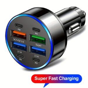 [8-in-1 Fast Charger] 8-in-1 Car Phone Charger with QC3.0 Fast Charging | Compact and Portable, LED Indicator Lights, PD+USB Dual Output, Ideal for Home and Vehicle Use
