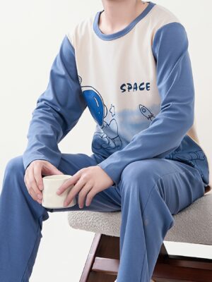 Cozy Men's Pajama Set - Long Sleeve & Pants, Space-Themed Print, Soft Polyester Blend, Machine Washable - Perfect for Spring/Fall - For Men - Ideal for Relaxing at Home - Great Gift for Birthday or Holidays