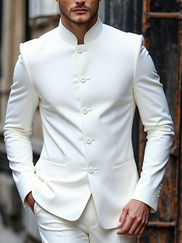 83565e41-efb0-4521-ac85-9d26367e7356.jpg Men'S Elegant Stand Collar White Single-Breasted Blazer Jacket - Solid Color Regular Fit H-Silhouette, All-Season Versatile for Casual & Formal Occasions, Stylish Event Attire, Sophisticated Tailoring
