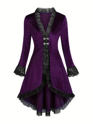Gothic Lace Dress with Ruffled Sleeves and Layered Skirt - Purple Satin, Black Lace Trim, Button-Up Front, Vintage Style, All-Season Wear, Gothic Dress