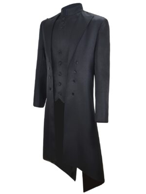 Vintage-Inspired Steam Punk Victorian Tuxedo - Black Mandarin Collar, Long Sleeve, Non-Stretch Fabric, Solid Color, No Belt, Fake Buttons, Polyester Lining, Regular Fit, Party Attire|Mandarin Collar Jacket|Polyester Lining Jacket