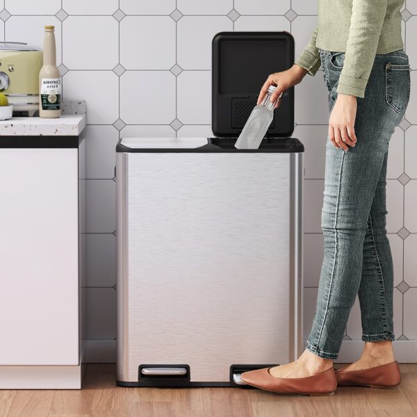 16 Gal Dual Kitchen Trash Can W/2 Built-in Box for Odor Control, Hands-Free Garbage Bin, Recycle Waste Dustbin, Soft-Close Lid, 2 Buckets, Foot Pedal, Side Handle, Airtight, for Home Office, Bedroom Trash Can with Lid, Stainless Steel Trash Can