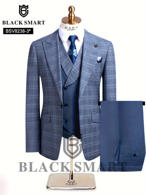 [3pcs Plaid Suit] 3pcs Men's Plaid Casual Suit Set | Jacket + Vest + Pants