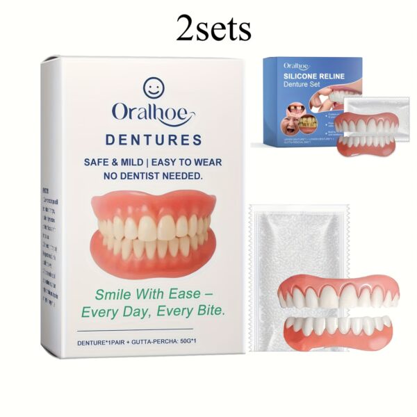 2sets Natural White False Teeth Set - Easy-to-Insert Elastic Dentures, Realistic Teeth Design for All Shapes, Safe & Comfortable Smile Enhancer (Men/Women/Teenagers/Seniors Dental Solution), Elastic Denture Set|Natural White Teeth|Silicone Material