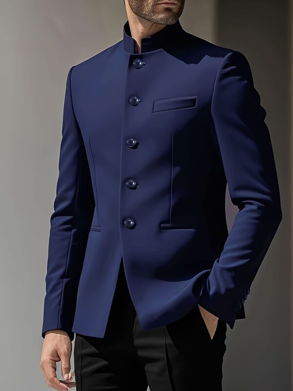 852bd351-1ae7-40b4-abc7-7b0eeada4f5e.jpg Men'S Chinese-Style Stand Collar Blazer with Black Buttons & Pockets - Solid Black Casual Business Jacket for All Seasons, Formal Attire, Classic Design, Smooth Texture