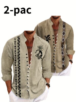 853d968f-a2b7-42d9-a458-b2e371ba23f8.jpg 2 - Pack Men's Ethnic - Style Long - Sleeve Shirts - Featuring Distinctive Geometric And Totem Prints, Chinese - Style Standing Collar Design, Comfortable Material, Ideal for Casual Vacations And Daily Outings, Travel Clothing, Vacation Outfit, Stylish Menswear, Breathable Fabric, Lightweight Shirt, Printed Top, Adult Men, Fashion Enthusiasts