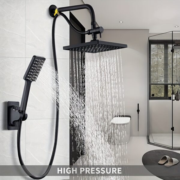[8" High Pressure Shower Head Combo] Luxury 8" Square Black Shower Head Combo - High Pressure, 3-in-1 with Handheld & Rainfall Options, Leak-Proof ABS, Includes Hose, No-Drill Bracket & Tee Splitter - Perfect Gift for Christmas/Halloween