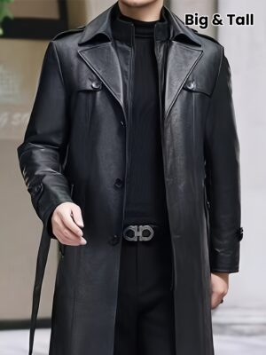 [Plus Size Trench Coat] Warm Plus-Size Men's Jacket, Trench Coat, PU Overcoat - Mid-Length, Casual for Outings, Late Autumn And Winter