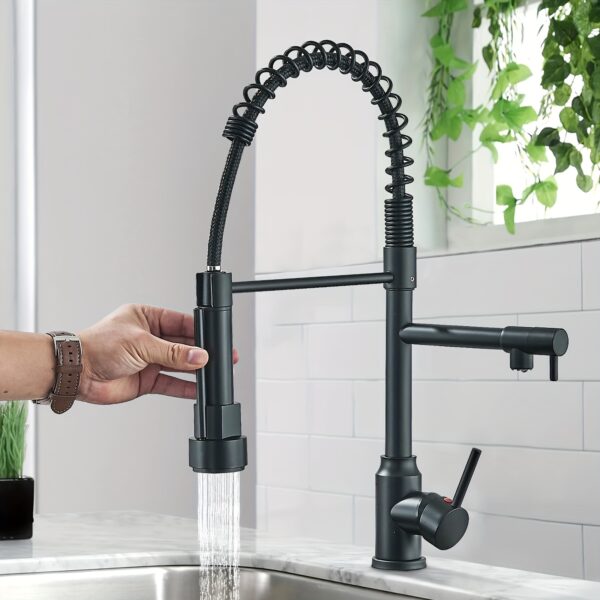 1pc Modern High-Arc Single Handle Kitchen Faucet with Pull-Down Sprayer, 360° Telescopic Splash-Proof Nozzle, Water-Saving Valve, Matte Black/Chrome/Brushed Nickel Finish, Single Hole Installation for Residential & Commercial Use, Splashproof Mixing, Contemporary Design, Durable Construction, Smooth Curved Design, Sink Mixer Tap, Sleek Kitchen Tap, Valve Faucet, Singlehole Faucet, Modern Households