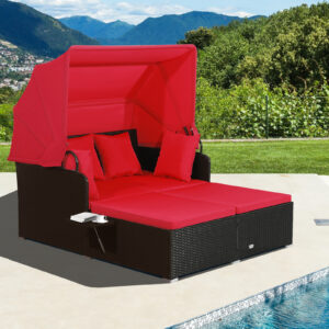 MULTIGOT Outdoor Patio Rattan Daybed Lounge with Retractable Canopy, Built-in Side Tables & Red Cushions - Heavy-Duty Rustproof Metal Frame, PE Wicker, Manual Recliner for Deck, Poolside, Garden, Patio Cushions, Poolside Lounging, Contemporary Design, Durable Wicker, Outdoor Seating, Relaxation Seekers
