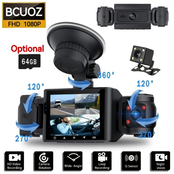 872c309f-522b-471d-a030-2a7fb8a73d07.jpg BCUOZ 360° 4-Channel Dash Cam for Cars - 1080P Front & 480P Left/Right/Rear Cameras, 2.4" IPS Screen, Night Vision with WDR, 64GB Optional, Loop Recording, G-Sensor, 24H Parking Mode.