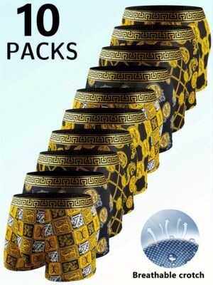 10pcs Set Black Golden Luxury Style Men's Boxer Briefs, Light Beige-Friendly Breathable Comfortable Boxer Shorts, Elastic Sports Shorts, Men's Casual Daily Basic Underwear