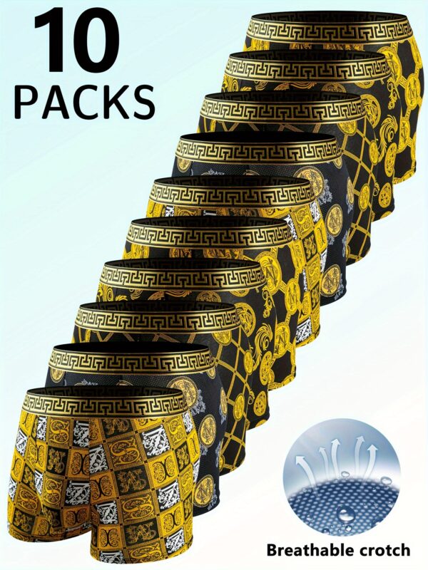 876666c1d79b48dc8dcc2428310c1b88-goods.jpeg 10pcs Set Black Golden Luxury Style Men's Boxer Briefs, Light Beige-Friendly Breathable Comfortable Boxer Shorts, Elastic Sports Shorts, Men's Casual Daily Basic Underwear