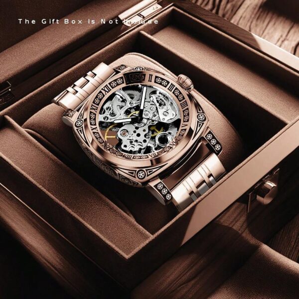 87c8331fb514406b94a3af40df3d2888-goods.jpeg 1pc Men'S Rose Golden Steel Strip Retro Style Noble Temperament Night Light Precision Carved Mechanical Watch