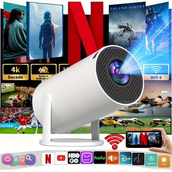 Brand New Convenient Projector, 4K Smart with WiFi 6 and Wireless 5.0, Adjustable Screen, 180° Rotation, Built-in Android 11.0 OS 720P Native Resolution for a Different Viewing Experience Perfect Home Theater & Outdoor