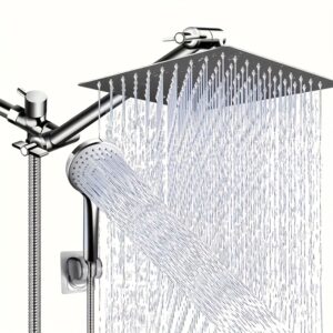 Shower Head, High-Pressure Showerhead/Handheld Shower Combination, with 8-Inch Top Spray, 9 Adjustable Leak Proof Shower Heads, with Bracket/Hose, Adjustable Angle, Contemporary Design