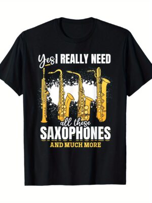 1pc Men'S Cotton Crew Neck T-Shirt with Saxophone Graphic - Casual Sports Style, Solid Color, Slight Stretch Knit Fabric, Regular Fit Tops