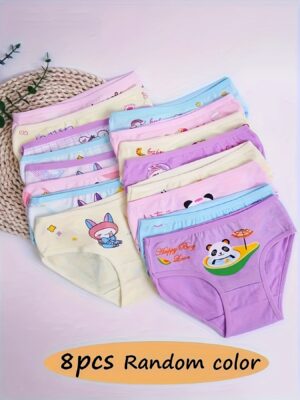 Girls' Set, 8pcs In Random Mixed Colors, Comfortable And Breathable, Printed Cotton Base Bikini Briefs