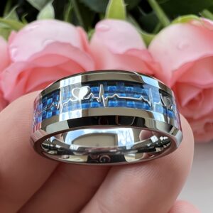 4pcs Vintage Men 304 Stainless Steel Heartbeat Rings Set, 304 Stainless Steel Ring Set, Carbon Fiber Inlay Men's Wedding Jewelry Set