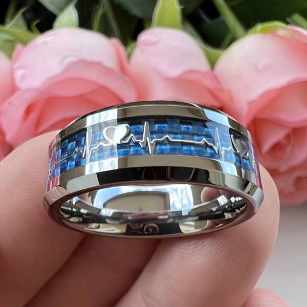 8a0629a6-9c72-4039-847e-bbab94268e8c.jpg 4pcs Vintage Men 304 Stainless Steel Heartbeat Rings Set, 304 Stainless Steel Ring Set, Carbon Fiber Inlay Men's Wedding Jewelry Set