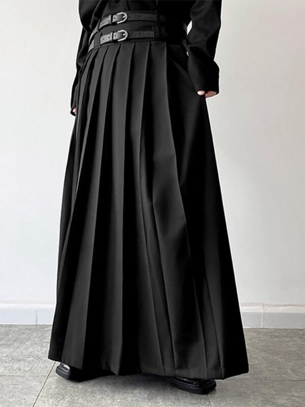 Men’s High Waist Gothic Hakama Skirt - Solid Black, Long Vintage Party Skirt, Loose Fit, Pleated Detail, Machine Washable (No Belt), Formal Occasion Wear, Casual Streetwear, Structured Design, Nonelastic Fabric