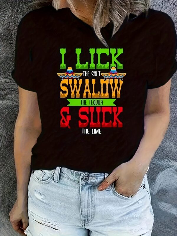 Women's Casual Short Sleeve T-Shirt - Bold "I Lick The Saliva & Suck The Lime" Graphic Print, Black with Vibrant Colors, Round Neck Summer Top, Medium Stretch Machine Washable Tee for Spring/Summer Vacation & Casual Outfits, Spring Fashion, Playful Design, Stretchy Fabric, Print Shirt, Women