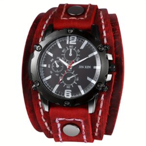 8b153716-bc69-48fd-85a4-ab4fd9c4feb6.jpg Men's Gothic Punk Style Genuine Leather Strap nalog Watch - Large Multi- Chronograph Quartz Movement, Black/White/Red with Golden Hands, Heavy-Duty Wrist Cuff for Halloween, Costume Parties & Casual ttire (-), Watches For Men, Mens Watches For Men, Wrist Watch For Men, Retro Watch, Bracelet Watch For Men, Curren Watches For Men, Classic Watch For Men, Vintage Watch For Men, Retro Watch Men, Casual Watch For Men, Unisex Watch, Strap Watch For Men, Watch Bracelet For Men, Heavy