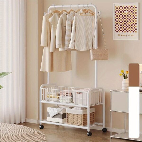 [Metal Clothes Rack] 1pc Compact Metal Clothes Rack | with Wheels, Shelves & Storage Baskets – Multifunctional Organizer for Clothes, Shoes, and Accessories in Bedrooms and Living Rooms