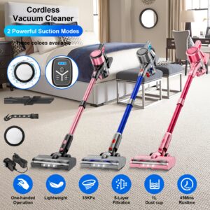 Cordless Vacuum Cleaner, 35Kpa Powerful Stick Vacuum, Up to 45Mins Rechargeable, Vacuum Cleaners for Home Anti-Tangled Lightweight Handheld for Hardwood Floor, Carpets, Pet Hair