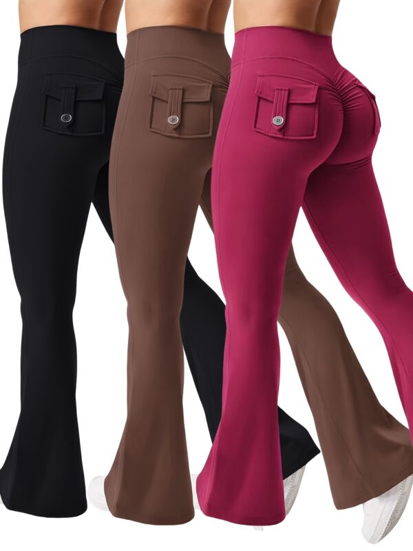 3pcs Of Black Gray Green, Black Gray Rose Red Fashionable Workwear Style Bell Bottoms, Women's Casual Bell Bottoms, High Waisted Pocket Sportswear, Workwear Style Peach Hip Pants, Sports Quick Drying Belly Lifting Pants with Flared Bottom Pants