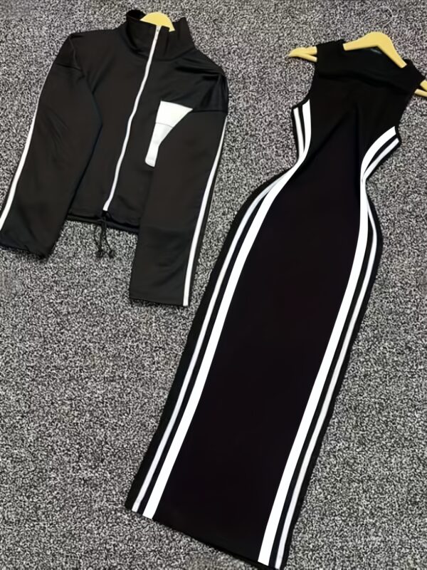 Women'S Casual Jacket and Dress Two-Piece Set, Solid Color, Y2K Style, Zipper Closure, Crew Neck, All-Season Wear, Casual Attire|Minimalist Style|Zippered Jacket