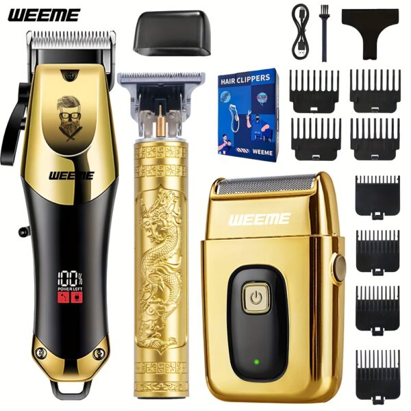 WEEME 3pcs Men's electric hair clipper set, hair clipper set, home electric hair clipper set, USB charging electric hair clipper, alloy blade, LCD display, carving design, for home car travel, Father's Day gift