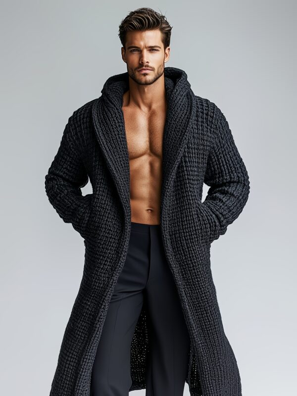 Men's Heavy-Duty Knit Sweater Coat - Long Formal yet Casual Outerwear with Hood, Oversized Pocket - Machine Washable Loose Fit Sweater for Everyday & Special Occasions - Warm Elegant Men's Clothing, Versatile Layering, Textured Design, Durable Construction, Stylish Men