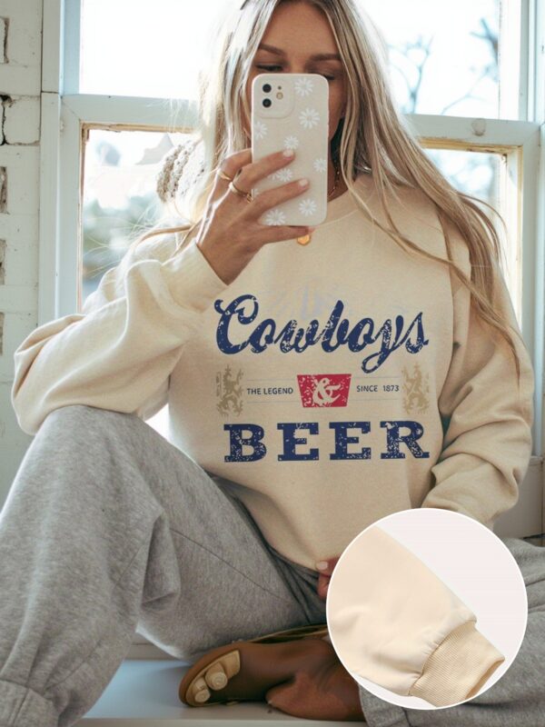Women's Cowboys Beer Graphic Print Crew Neck Sweatshirt - Soft Casual Long Sleeve Pullover for Fall & Spring, Machine Washable Clothing, Leisure Clothing, Spring Attire, Relaxed Fit Top, Comfortable Material