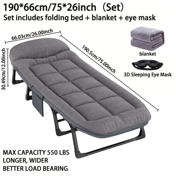 1-Person 6-Speed Adjustable Folding Bed with Mattress & Pillow - Heavy-Duty Portable Camping Cot, Thick Steel Frame, Free Blanket & Eye Mask - Manual Recliner for Indoor/Outdoor, Office, Home, Travel, Sofa Bed (Adults & Youngsters)