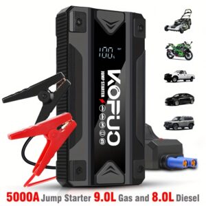 KOPUO 5000A Car Battery Jump Starter(2.38gal Gas/2.11gal Diesel)Portable Car Jump Starter Battery Pack/box, 12V Car Battery Jumper Starter with Safety Jumper Cables, Fast Charge, Lights, Compact