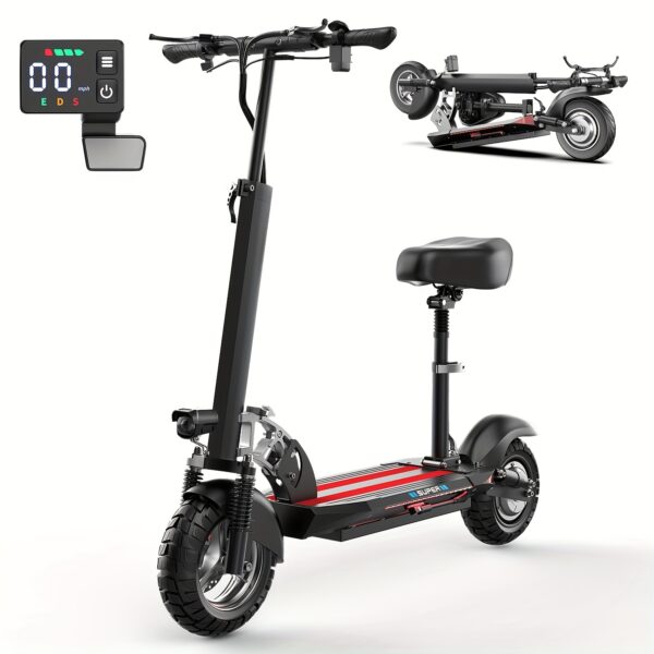 Q5-740W 35-Mile Range Electric Scooter with Seat for Adults - 48V 13AH Battery, 10" All-Terrain Tires, Dual Suspension & Brakes, Foldable Design, Removable Seat with Backrest, Dual-Power (Battery/External), Global Voltage 100-240V, Off-Road & Urban Commuter, 330 lbs Capacity, 20 km/h High Speed, Scooter for Adults, Dual Motor Electric Scooter, Mobility Scooter, Fast Electric Scooter, Longdistance Travel, Sturdy Frame, Durable Construction, Adult Commuters