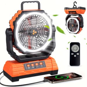 Cold Air Battery Powered Fan with 4LED Lantern, 20000mAh Dual Motor Camping Fan, 4-Speed Adjustable Desktop Fan with Hook, Remote Control Portable Outdoor Fan Suitable for Tents, Power Outages and Construction Sites