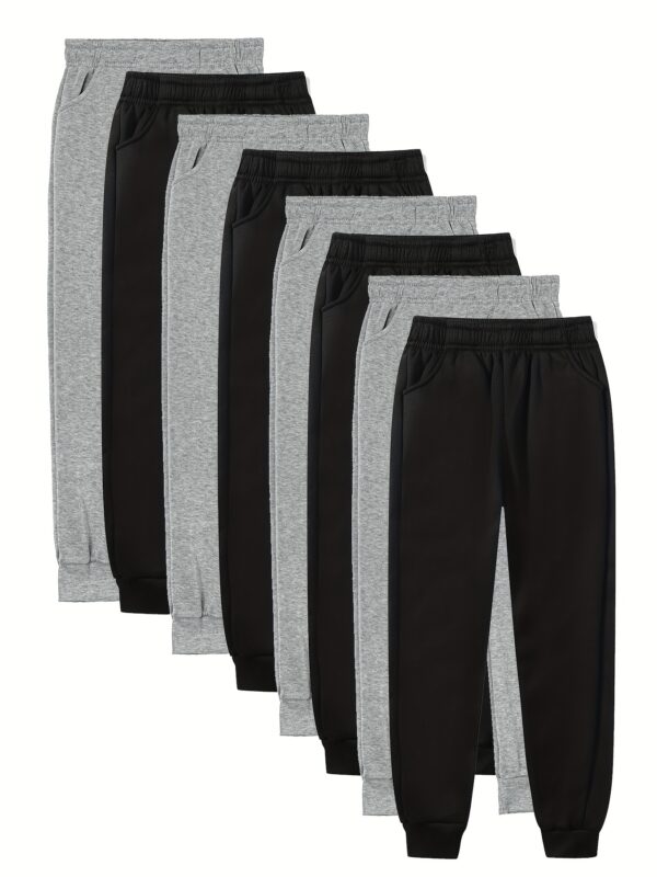 Boys' 8-Pack Polyester Joggers - Elastic Waist Sports Pants, 100% Polyester Knit, Solid Color with Pockets, Regular Fit, Spring/Fall, Long Length for Age 12 and Under, For Outdoor