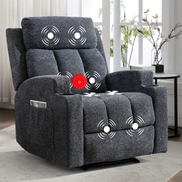 Modern Heated Manual Massage Recliner With Side Pockets And Cup Holder Ultra Breathable Fabric Recliner, Single Sofa Large Size Home Theater Comfort Lounge Seat
