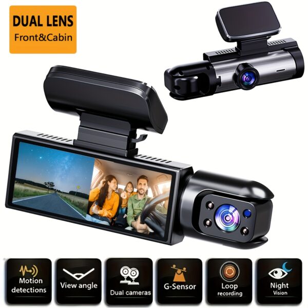 PODOFO Upgraded Dual-Lens Dash Cam with 64GB High-Speed Memory Card, 1080P HD Night Vision, Auto Loop Recording, 3, 16" LCD Screen, Alloy Sun-Proof Case, Front & Interior Views, Car Plug Power Mode, ≤36V Operating Voltage, No Battery Required, Dash Camera for Cars