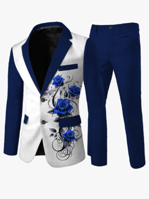 8f64bb9e377a47b592ede284d672263c-goods.jpeg Men'S Stylish Blue & White Floral Print Suit with Vest - Polyester, Long Sleeve, Lapel Collar, All-Season Casual Wear, Includes Pockets, Formal Attire | Floral Print Suit | Polyester Fabric