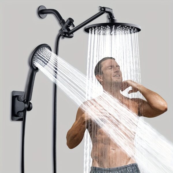 High-Pressure Rainfall Shower Head with 10" Extension Arm - Wall Mounted, Adjustable Leakproof Bracket & Handheld Spray Combo, Polished Finish